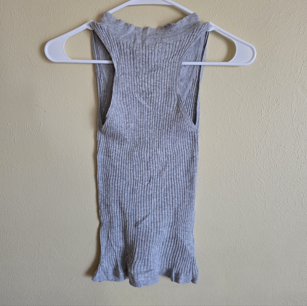 Moda International Feather Weight Ribs Gray Ribbed Henley Tank with Ruffle Trim - Picture 2 of 8